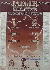 PUBLICITE JAEGER DUO PLAN MONTRE PENDULETTE LAMPE HORLOGER DE LA MARINE DE 1933