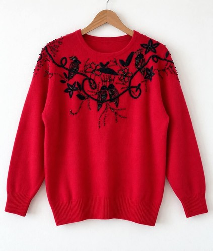 Pull floral oiseau perlé