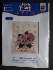 § ancien kit point de croix compté DMC bouquet roses hortensia toile lin perles