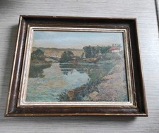 Ancien tableau peinture paysage rivière lac barque village signature CP 25 