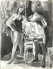 BERTHOMME SAINT ANDRE  DESSIN AU FUSAIN ET GOAUCHE  SUR PAPIER