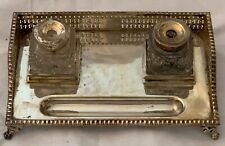 Antique silver plated deskstand of rectangular shape with twin cut glass inkwell