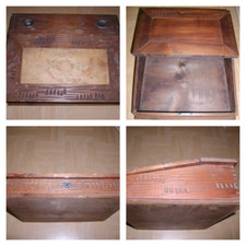 ANCIEN ECRITOIRE D'ENFANT EN BOIS SCULPTE AVEC 2 ENCRIERS EN METAL ET SERRURE