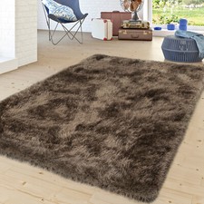 Tapis Moderne Salon Poils Longs Shaggy Uni Avec Fil Brillant Brun Beige