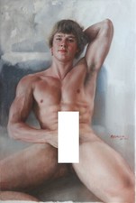 tableau peinture érotique huile sur toile homme nu intégrale / gay male painting
