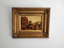 peinture d’un paysage de bolle avec cadre doré ancien et mouluré en bois signé H