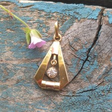 Pendentif Ancien Vintage Style Art Déco /Plaqué Or Poinçonné Serti D'un Strass 