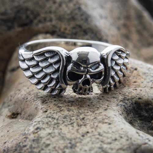 Tête mort ailes bague 925 - tête,