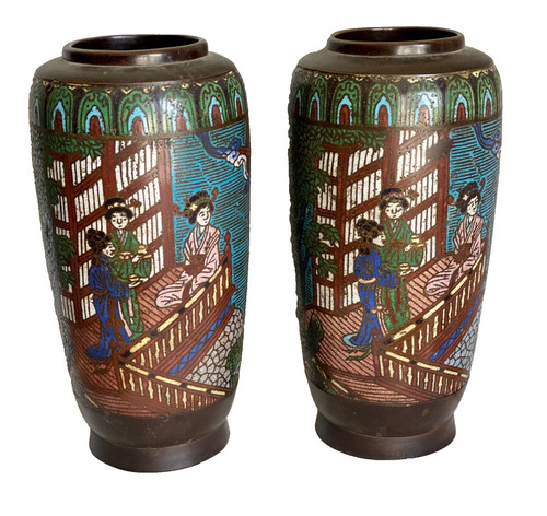 Paire grands vases émaux - paire, de