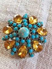 Broche ancienne dôme turquoise cristal perles pâte de verre