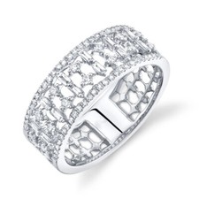 14K or Blanc Flottant Baguette Diamant Rond Bague Fantaisie Ouvert Band Taille 7