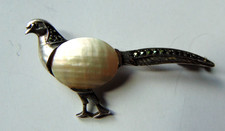 Broche ancienne faisan  argent , marcassites et nacre