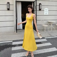 Robe Longue Jaune Sans Manches En Maille Élastique Ajustée CF41650