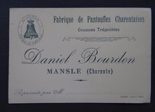 Carte de visite PANTOUFLE CHARENTAISE Mansle Charente BOURDON old visit card