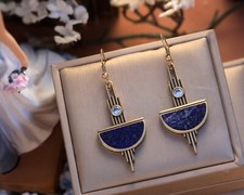 Boucles d'Oreille Doré Art Déco Lapis Bleu Demi Cercle Vintage Ancien Style SB2
