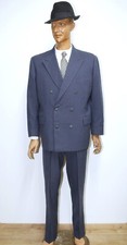 French 50/60s Grey/Blue Double Breasted Wool Tailored Suit Jacket L Pants 35x34