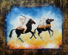Tableau original de Caillon 61x50 cm Fantasia chevaux Maroc cavalier