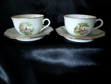 2 TASSES CAFE + SOUCOUPES Porcelaine Porcelain Coffee Cup dessin Fragonard !