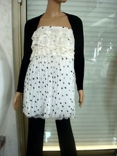 ROBE BLANCHE A POIS NOIR TUNIQUE BUSTIER DENTELLE BLANCHE T 36/38 NEUVE 