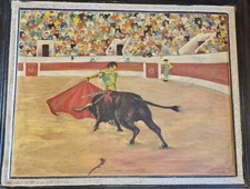 Tableau huile signée datée " 60 " Scène de tauromachie corrida arènes Toulouse