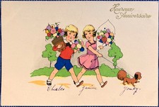 CPA Fantaisie - Heureux Anniversaire - 2 Enfants portant de Fleurs et leur Chien
