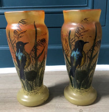 Paire de vases verre émaillé oiseau martin-pêcheur Modèle Legras