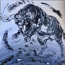 TABLEAU Taureau Noir &Blanc 50X50CM Peinture toile Linard