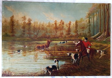 TABLEAU XX EME HST SCENE DE CHASSE A COURRE VENERIE AU CERF CHIENS SIGNE R BLANC