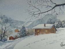 Petite aquarelle originale signée  pour noël ou bonne année "Chalets"
