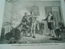 Gravure 1864 Madrdid Gil Blas fait venir un friper , s'habille en homme de cour