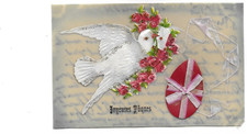 belle CPA carte postale ancienne Joyeuses Pâques celluloïd oiseau oeuf ruban