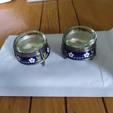 paire de salerons en verre et métal  argenté en émaux cloisonnés russes Hommet