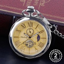 Montre à Gousset de Poche + Chaîne Phases de Lune Tourbillon Automatique Acier