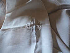 Nappe ancienne en lin damassé  monogramme brodé CM