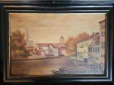 XXe Huile Sur Toile Signé C Ernyn ? Canal dans Ville Eglise Paysage + Cadre ART