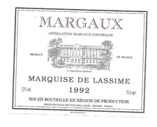 Etiquette de vin - Margaux - Marquise de Lassime 1992, Yvon Mau