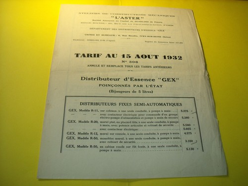 Tarif epoque 1932 pour pompe - tarif,