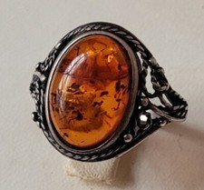 BIJOU VINTAGE BAGUE T57 AMBRE ARGENT 925 POINÇONNÉ # BC1
