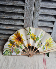 ANCIEN EVENTAIL PAPIER DECOR DE FLEURS TOURNESOL
