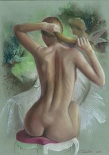 belle femme nue de dos , dessin original A4 oeuvre pastel moderne NUDE AKT