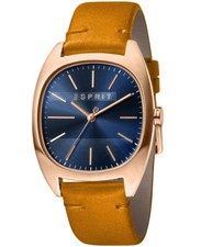 Montre ESPRIT. Cadran bleu et Plaquée or rose. Bracelet en cuir marron. Neuve