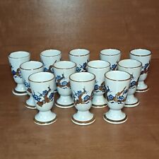 12 Mazagrans En Grès Décor Déposé Fleur De Cerisier, Bleu, Tasse À Pied Vintage