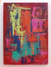 Ancien tableau COMPOSITION ABSTRAITE peinture MODERNE signée & datée 1964 coloré