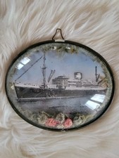 PETIT CADRE OVALE VINTAGE BATEAU NAVIRE FLEURS SÉCHÉES RÉTRO VERRE BOMBÉ 