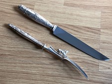 Superbe ancien COUTEAU et FOURCHETTE SERVICE A GIGOT Argent fourré Chasse Cerf 