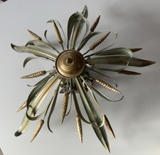 Plafonnier Lustre métal épis de blés 5 douilles vert et or vintage Année 60