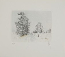 Bernard LOUEDIN : Route enneigée, Gravure signée