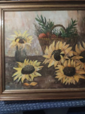 tableau ancien huile sur toile tournesol nature mortye signé nicolski daté 93