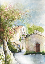 ENARA Art deco toile tableau peinture aquarelle village La maison du hibou