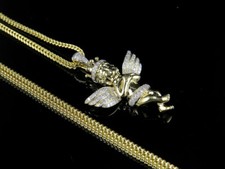 10K Yellow Gold Diamond Crowned Cherub Pendant 1.25" .45 CT and Franco Chain ...